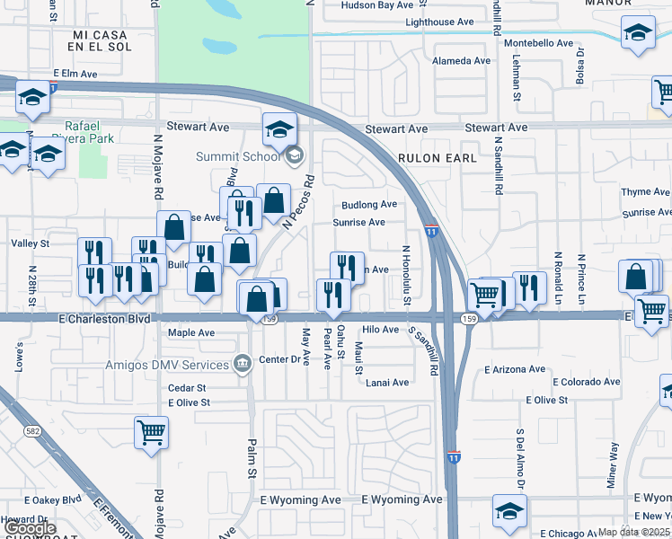 map of restaurants, bars, coffee shops, grocery stores, and more near 2 North Pearl Street in Las Vegas