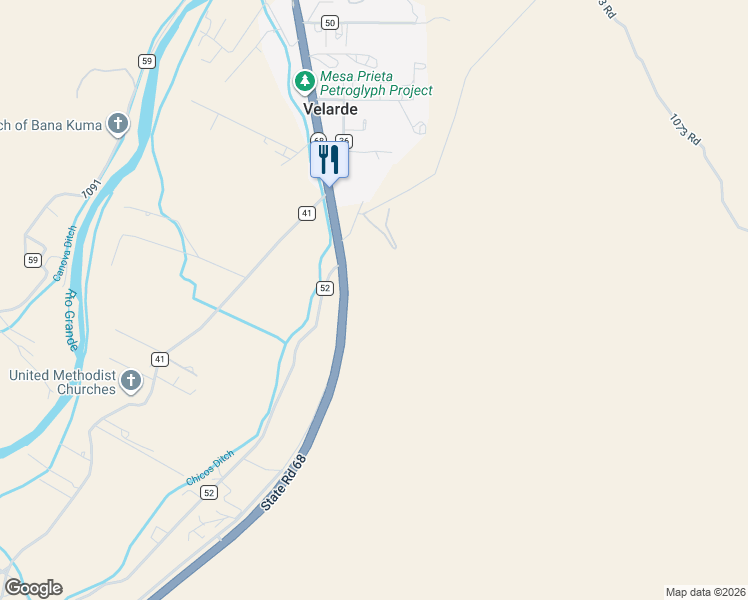 map of restaurants, bars, coffee shops, grocery stores, and more near 290 County Road 52 in Velarde