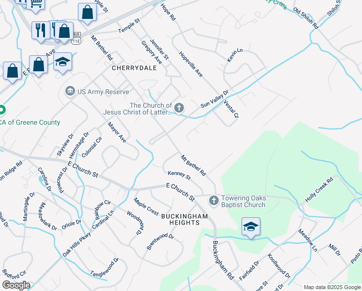 map of restaurants, bars, coffee shops, grocery stores, and more near 505 Mount Bethel Road in Greeneville