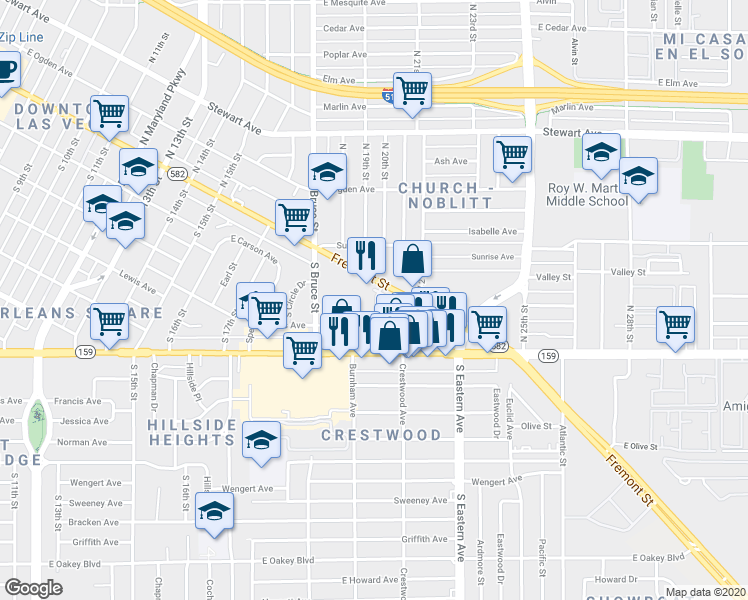 map of restaurants, bars, coffee shops, grocery stores, and more near 223 Tower Street in Las Vegas
