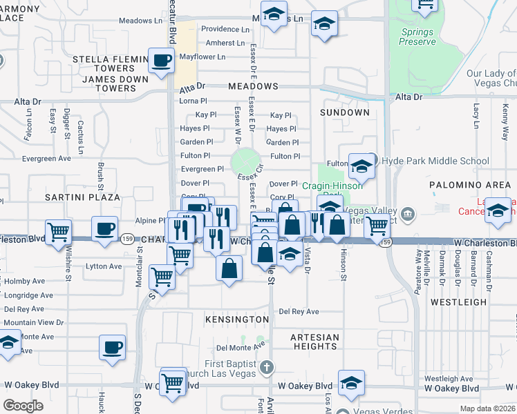 map of restaurants, bars, coffee shops, grocery stores, and more near 4412 Baxter Place in Las Vegas