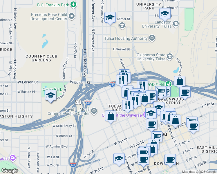 map of restaurants, bars, coffee shops, grocery stores, and more near 501 North Cheyenne Avenue in Tulsa