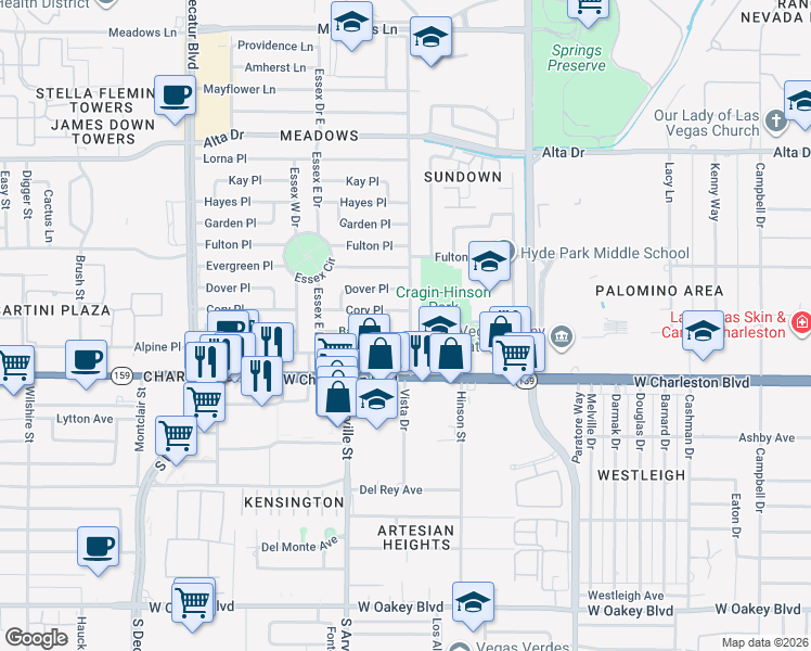 map of restaurants, bars, coffee shops, grocery stores, and more near 931 Bedford Road in Las Vegas