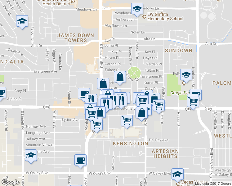 map of restaurants, bars, coffee shops, grocery stores, and more near 4701 Baxter Place in Las Vegas
