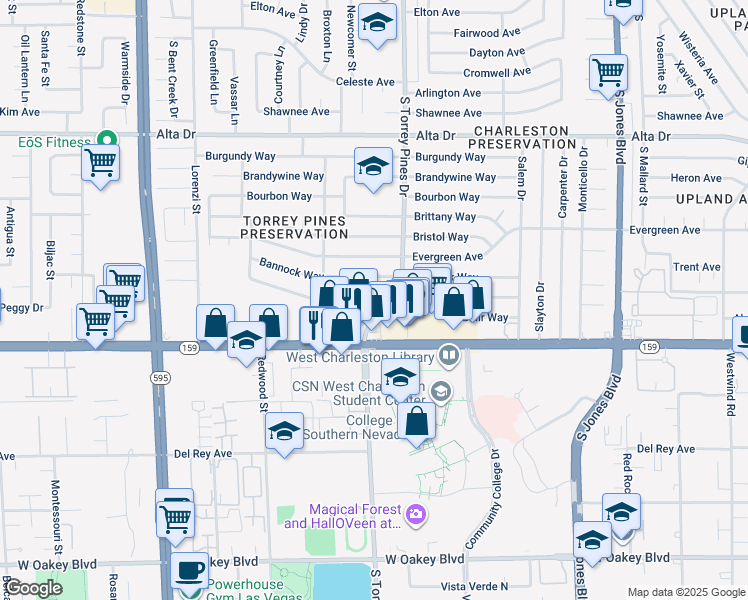 map of restaurants, bars, coffee shops, grocery stores, and more near 6415 Casada Way in Las Vegas