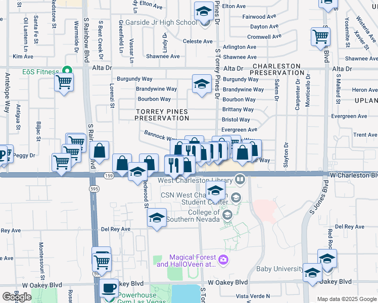 map of restaurants, bars, coffee shops, grocery stores, and more near 6449 Casada Way in Las Vegas