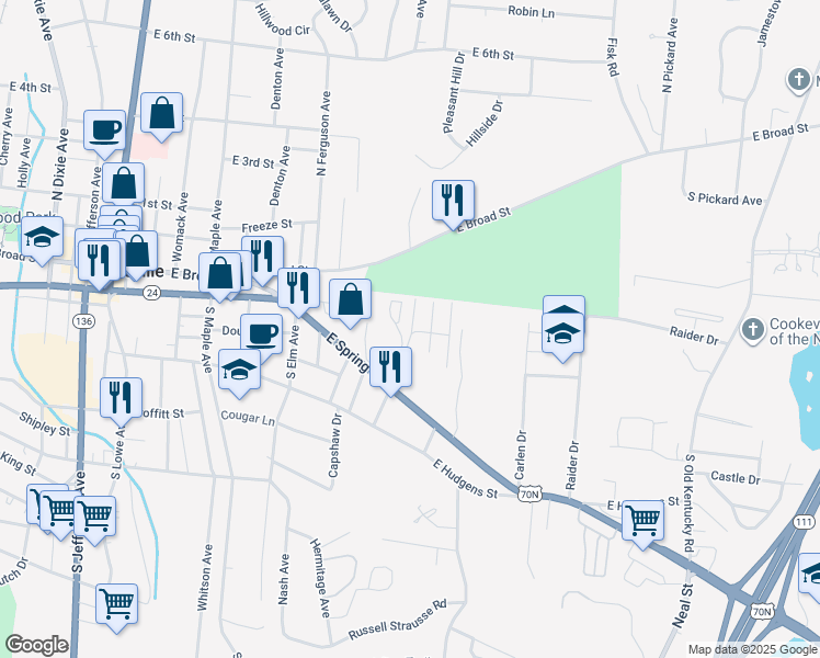 map of restaurants, bars, coffee shops, grocery stores, and more near 800 East Spring Street in Cookeville