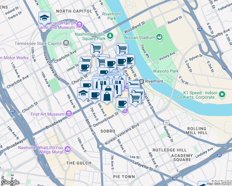map of restaurants, bars, coffee shops, grocery stores, and more near in Nashville