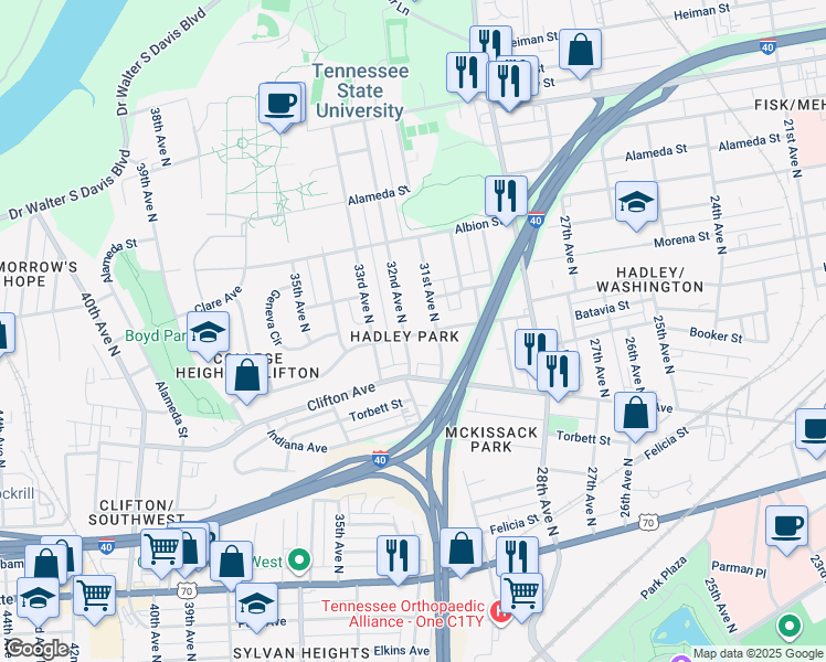 map of restaurants, bars, coffee shops, grocery stores, and more near 3202 Batavia Street in Nashville
