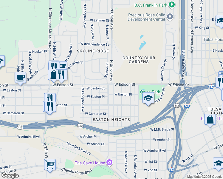 map of restaurants, bars, coffee shops, grocery stores, and more near 545 North Tacoma Avenue in Tulsa