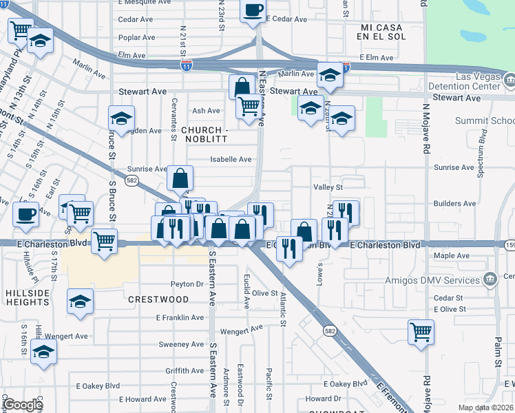 map of restaurants, bars, coffee shops, grocery stores, and more near 26 North 25th Street in Las Vegas