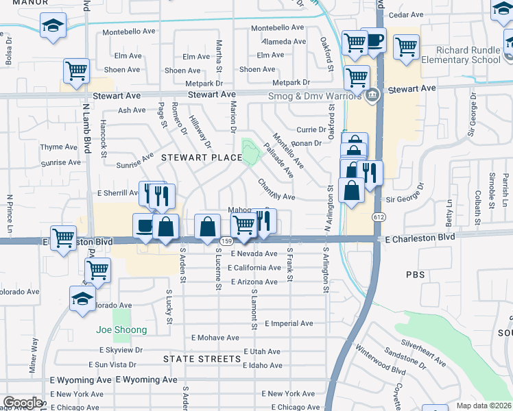 map of restaurants, bars, coffee shops, grocery stores, and more near 4762 Mahogany Drive in Las Vegas