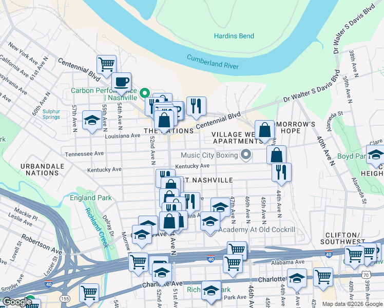 map of restaurants, bars, coffee shops, grocery stores, and more near 4905 Tennessee Avenue in Nashville