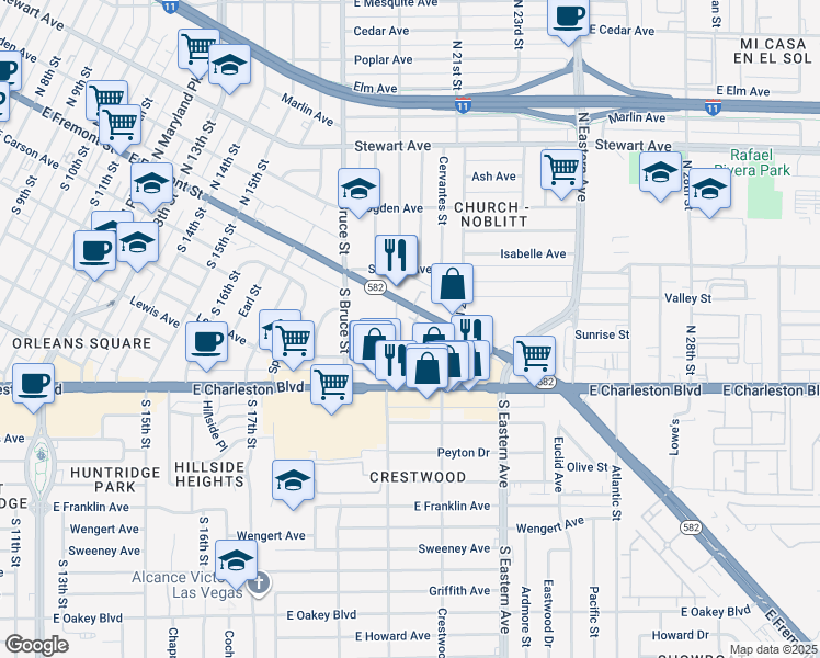 map of restaurants, bars, coffee shops, grocery stores, and more near 223 Tower Street in Las Vegas