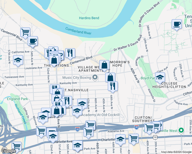 map of restaurants, bars, coffee shops, grocery stores, and more near 4517 Tennessee Avenue in Nashville