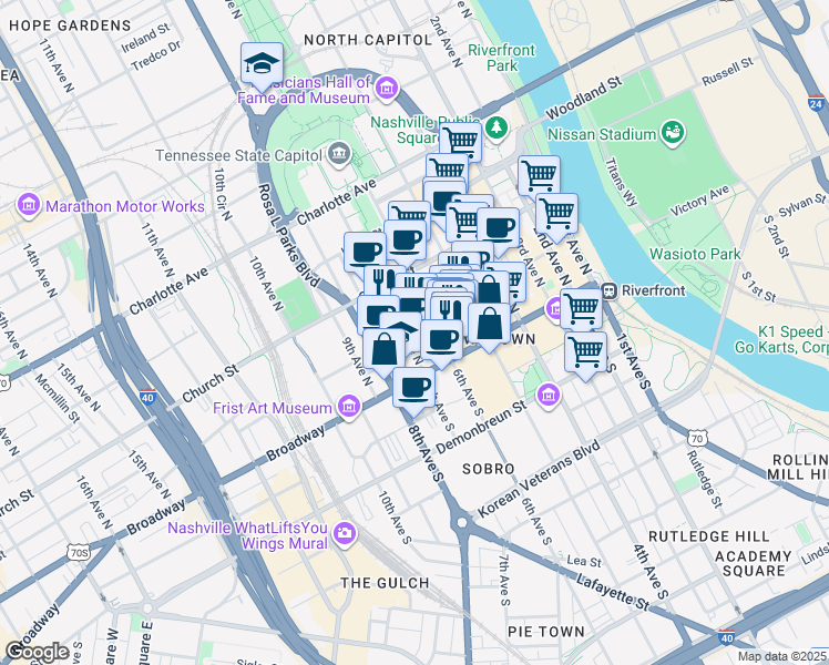map of restaurants, bars, coffee shops, grocery stores, and more near 118 7th Avenue North in Nashville