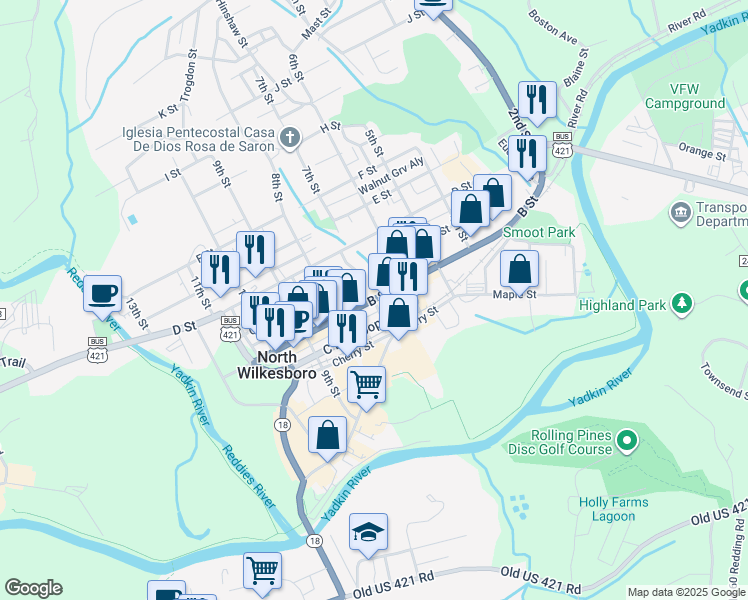 map of restaurants, bars, coffee shops, grocery stores, and more near Main Street in North Wilkesboro