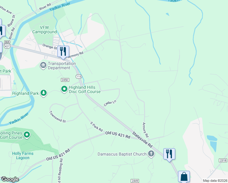 map of restaurants, bars, coffee shops, grocery stores, and more near 212 Cedar Lane in North Wilkesboro