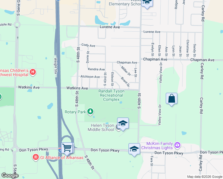 map of restaurants, bars, coffee shops, grocery stores, and more near 4303 Watkins Avenue in Springdale
