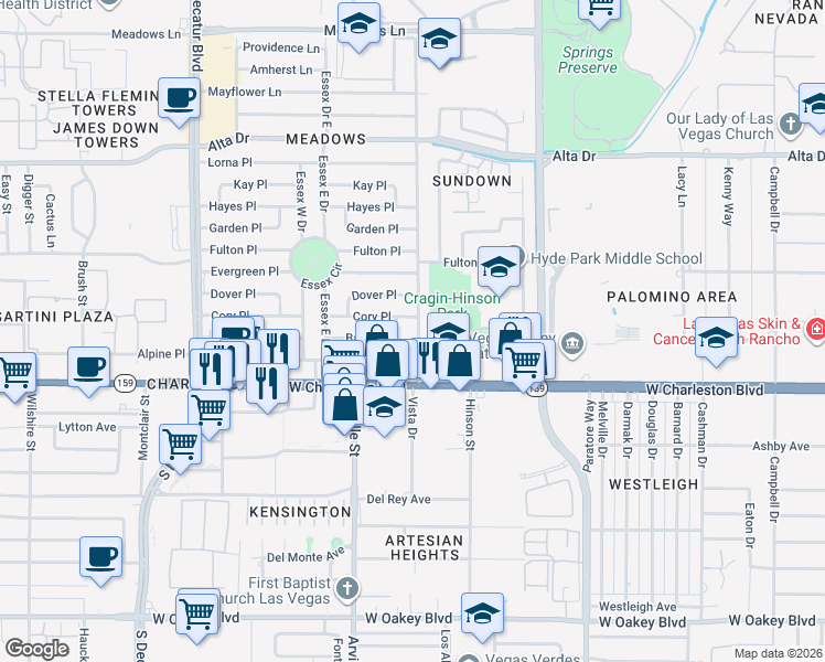 map of restaurants, bars, coffee shops, grocery stores, and more near 931 Bedford Road in Las Vegas