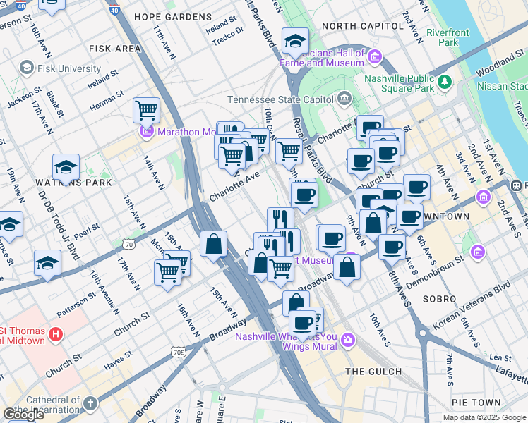 map of restaurants, bars, coffee shops, grocery stores, and more near 210 11th Avenue North in Nashville