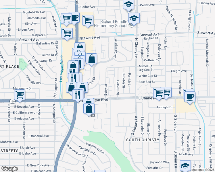 map of restaurants, bars, coffee shops, grocery stores, and more near 5330 East Charleston Boulevard in Las Vegas
