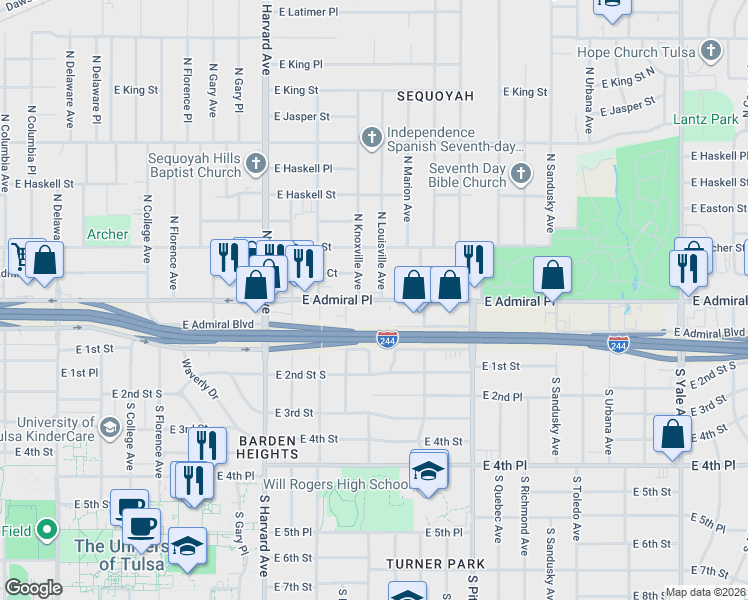 map of restaurants, bars, coffee shops, grocery stores, and more near 3730 East Admiral Place in Tulsa