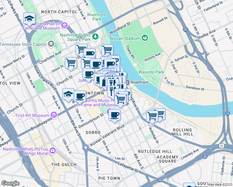 map of restaurants, bars, coffee shops, grocery stores, and more near 122 3rd Avenue South in Nashville