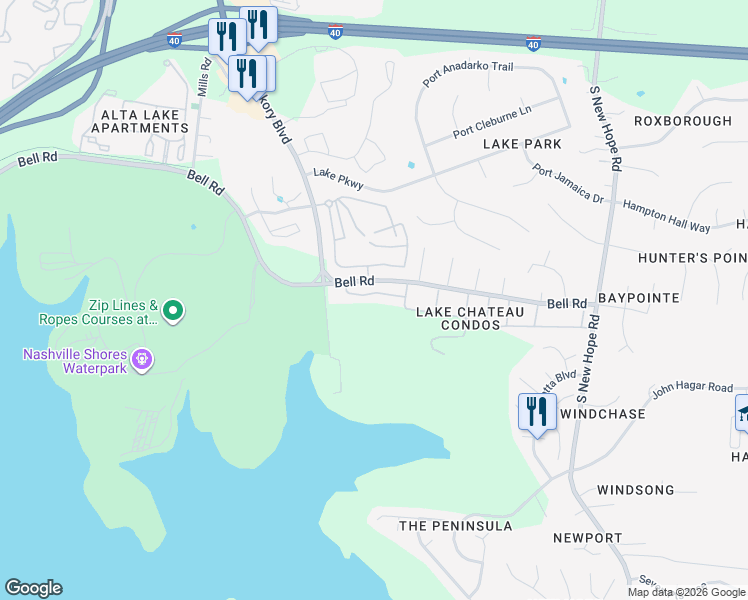 map of restaurants, bars, coffee shops, grocery stores, and more near 113 Lake Chateau Drive in Nashville