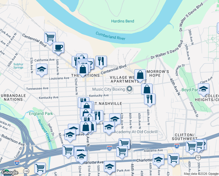 map of restaurants, bars, coffee shops, grocery stores, and more near 4802 Kentucky Avenue in Nashville