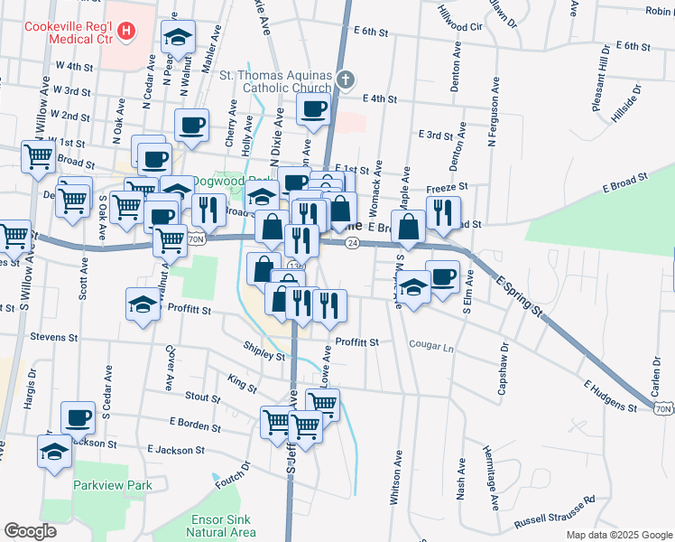 map of restaurants, bars, coffee shops, grocery stores, and more near 116 South Lowe Avenue in Cookeville