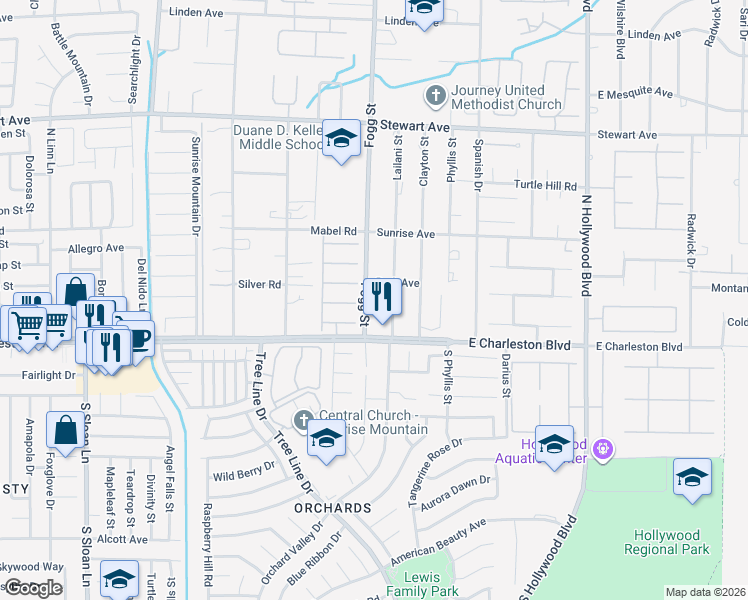 map of restaurants, bars, coffee shops, grocery stores, and more near 60 North Fogg Street in Las Vegas