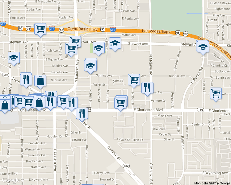 map of restaurants, bars, coffee shops, grocery stores, and more near 29 North 28th Street in Las Vegas