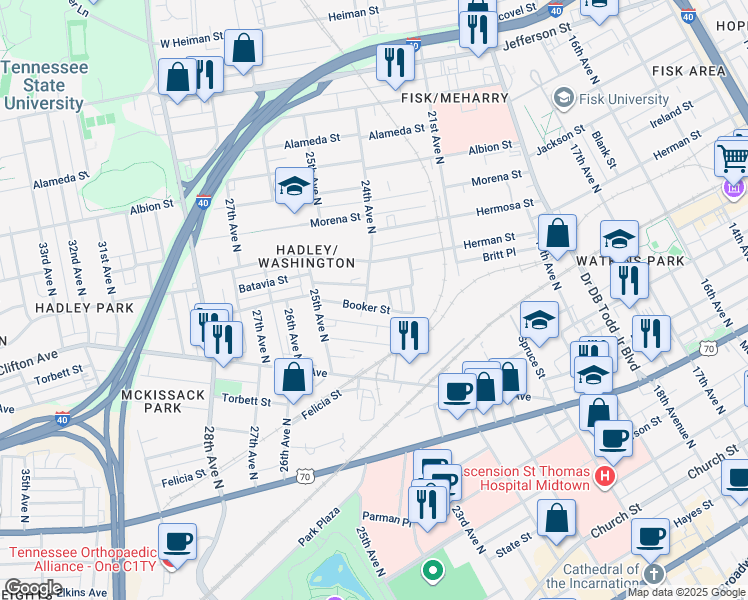 map of restaurants, bars, coffee shops, grocery stores, and more near 2313 Booker Street in Nashville