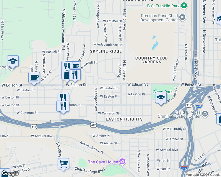 map of restaurants, bars, coffee shops, grocery stores, and more near 1824 West Easton Court in Tulsa