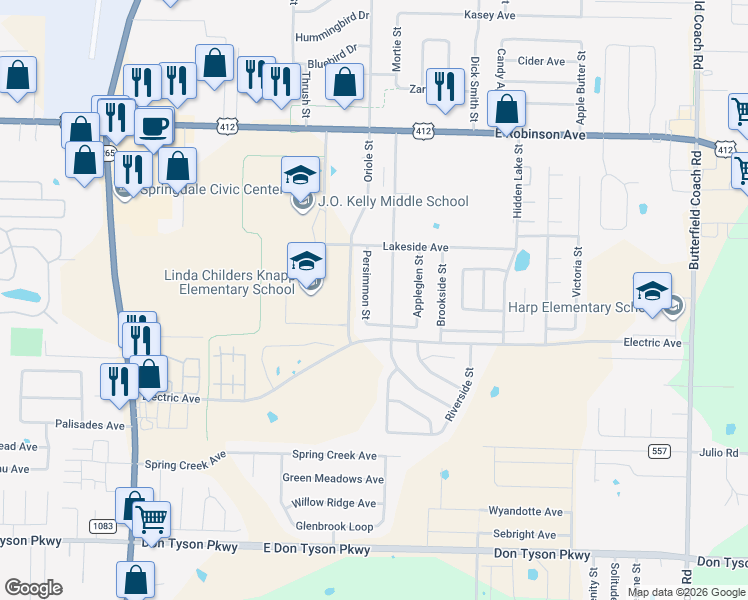 map of restaurants, bars, coffee shops, grocery stores, and more near 2651 Persimmon Street in Springdale