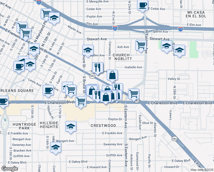 map of restaurants, bars, coffee shops, grocery stores, and more near 2014 Pin Oak Avenue in Las Vegas