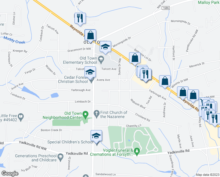 map of restaurants, bars, coffee shops, grocery stores, and more near 3863 Yarbrough Avenue in Winston-Salem