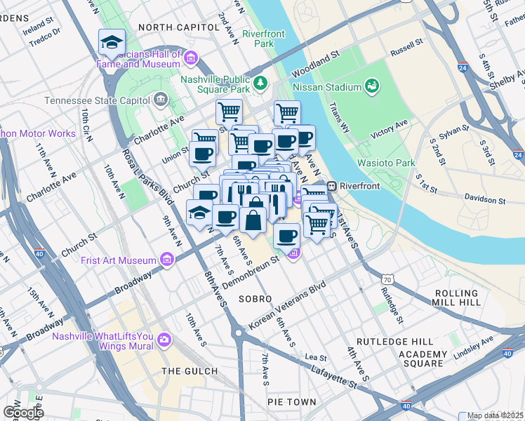 map of restaurants, bars, coffee shops, grocery stores, and more near 100 Broadway in Nashville