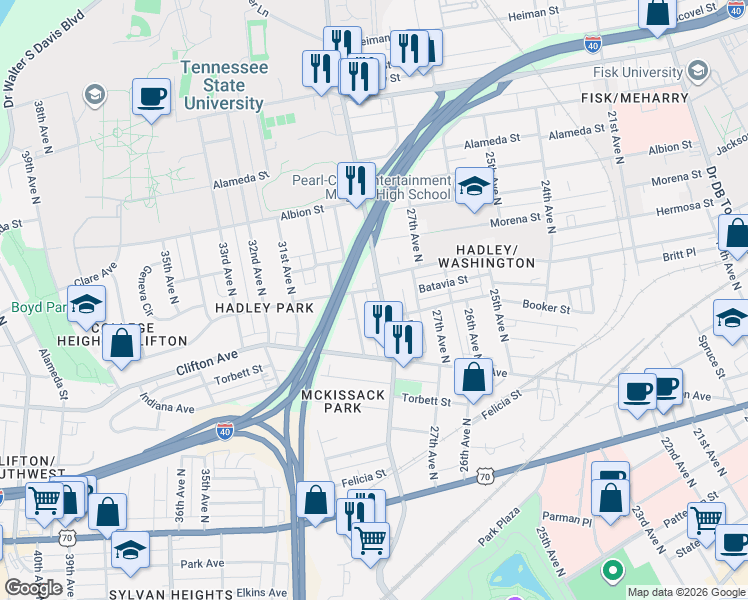 map of restaurants, bars, coffee shops, grocery stores, and more near 730 29th Avenue North in Nashville