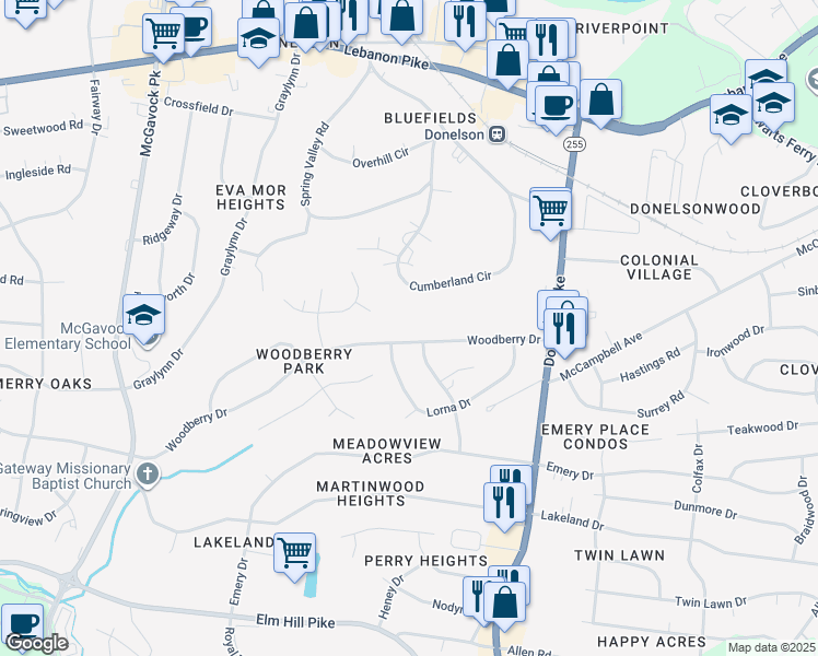 map of restaurants, bars, coffee shops, grocery stores, and more near 2624 Woodberry Dr in Nashville