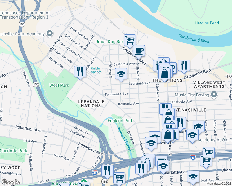 map of restaurants, bars, coffee shops, grocery stores, and more near 5605a Tennessee Avenue in Nashville