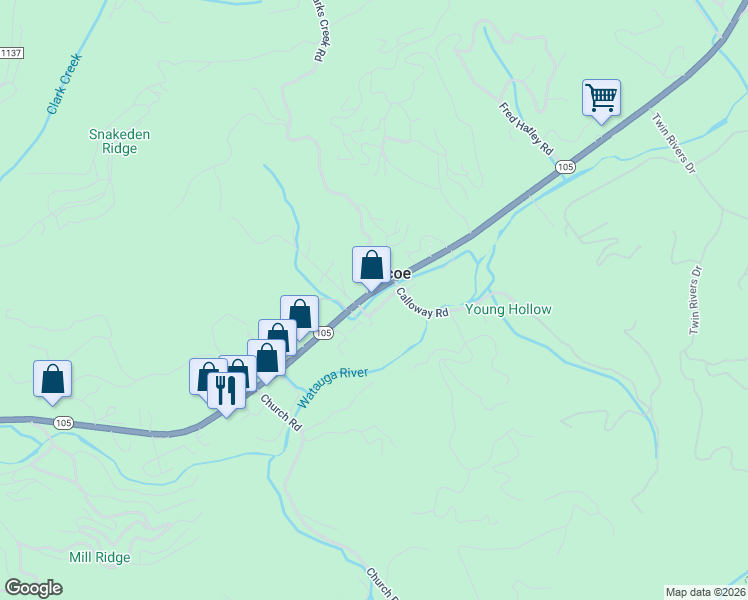 map of restaurants, bars, coffee shops, grocery stores, and more near 8599 North Carolina 105 in Boone