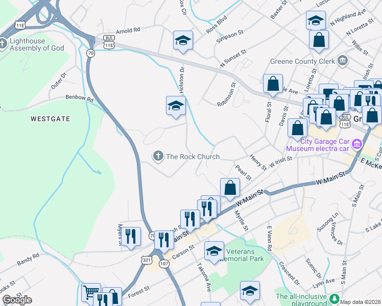 map of restaurants, bars, coffee shops, grocery stores, and more near 1000-1004 Wesley Ave in Greeneville