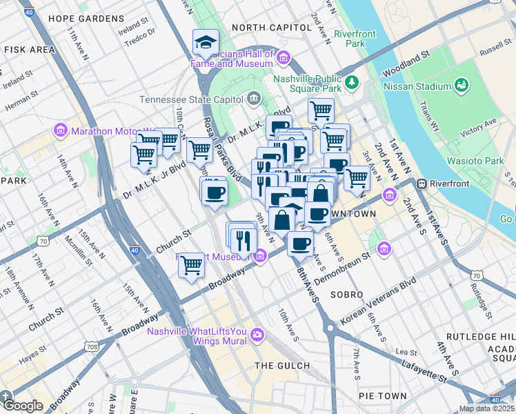 map of restaurants, bars, coffee shops, grocery stores, and more near 160 9th Avenue North in Nashville