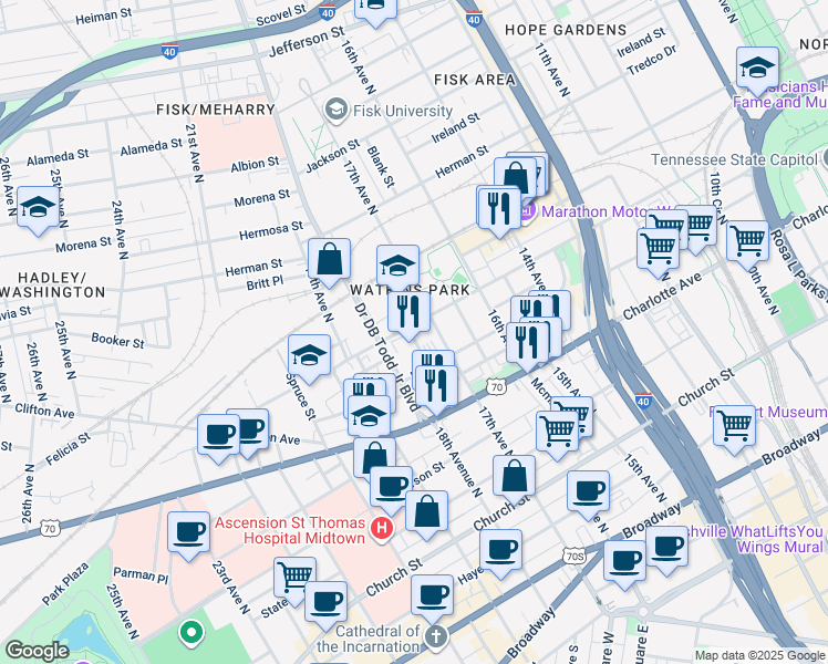 map of restaurants, bars, coffee shops, grocery stores, and more near 512 Fisk Street in Nashville
