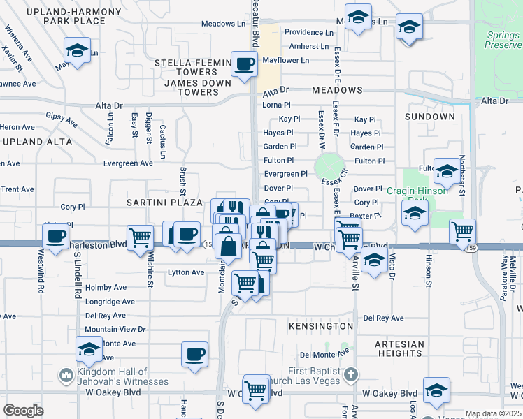 map of restaurants, bars, coffee shops, grocery stores, and more near 920 Appian Way in Las Vegas