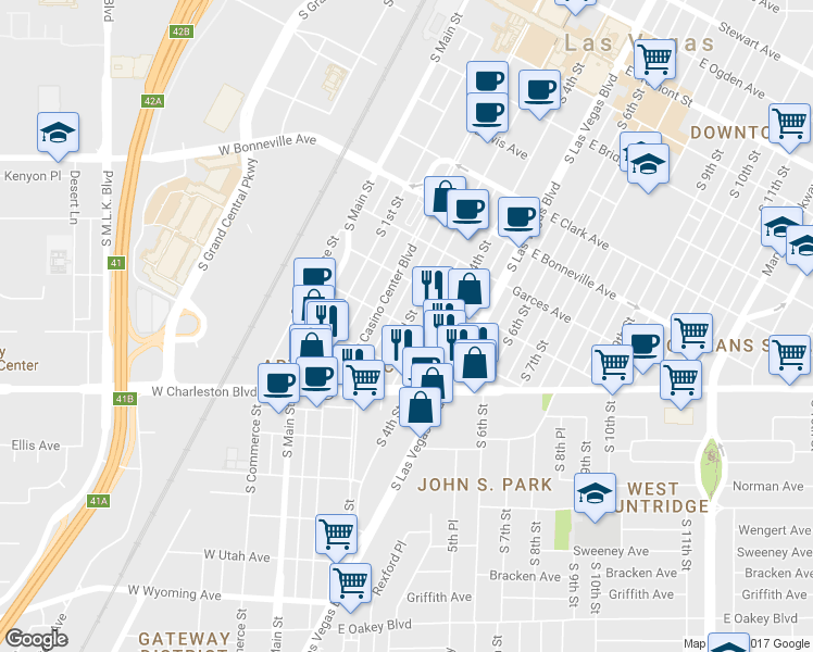 map of restaurants, bars, coffee shops, grocery stores, and more near S 3rd St & Hoover Ave in Las Vegas