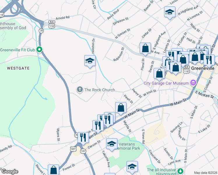 map of restaurants, bars, coffee shops, grocery stores, and more near 302 Kirk Drive in Greeneville