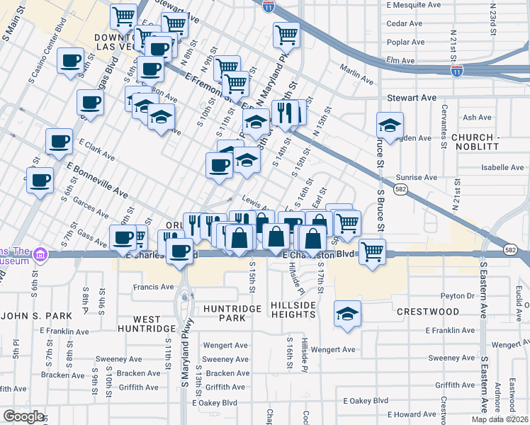 map of restaurants, bars, coffee shops, grocery stores, and more near 1499-1401 Cholla Way in Las Vegas